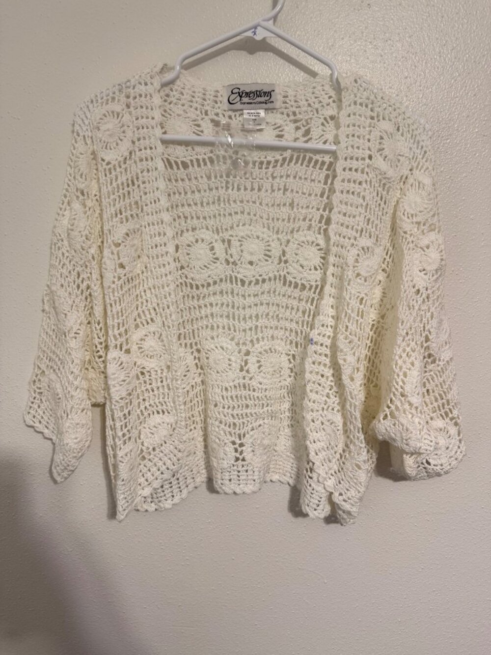 Expressions Crochet Shrug Ivory White Cardigan Cotton Womans L